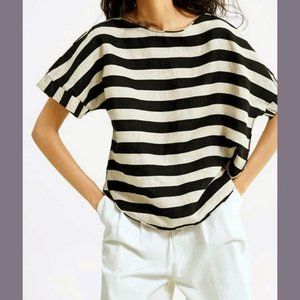 ZARA Size S Womens Linen Blend Short Sleeve Striped Top in Black Beige